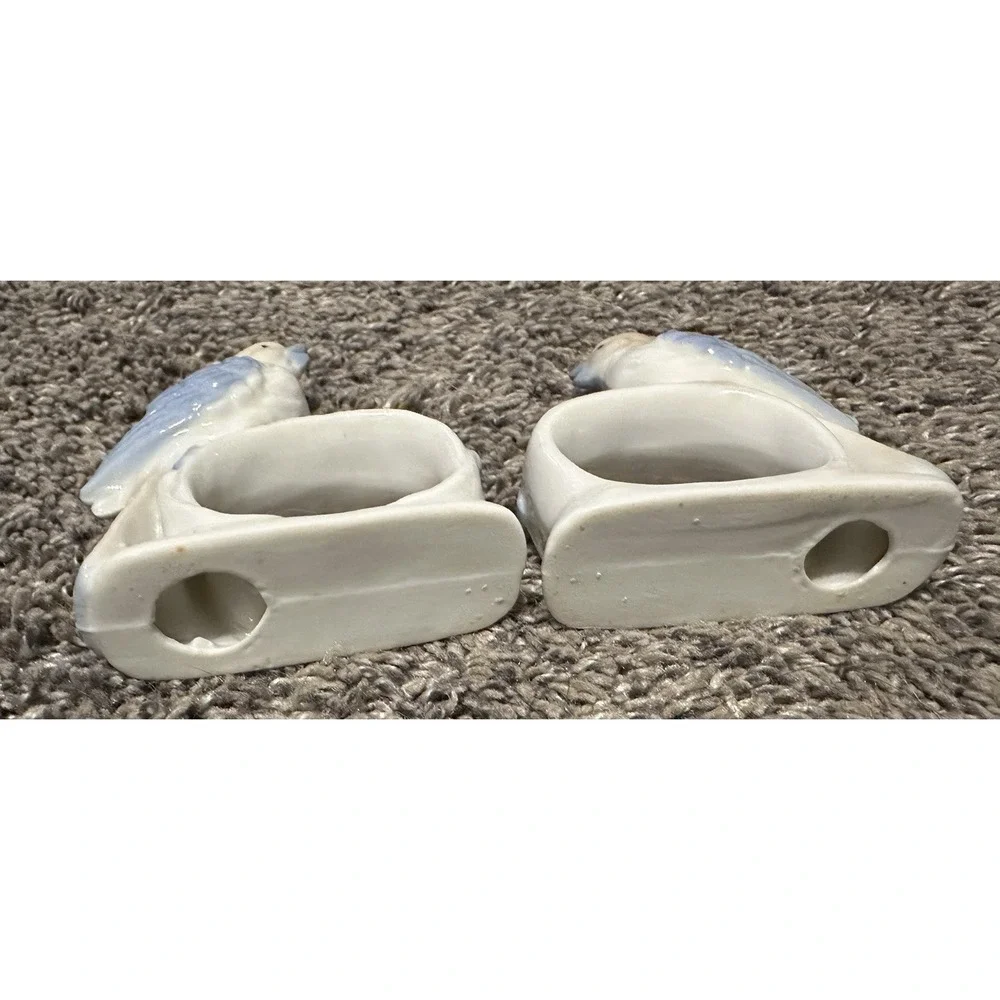 Pair Vintage Blue Bird/Sparrow Ceramic Napkin Rings - Figurine Holders
